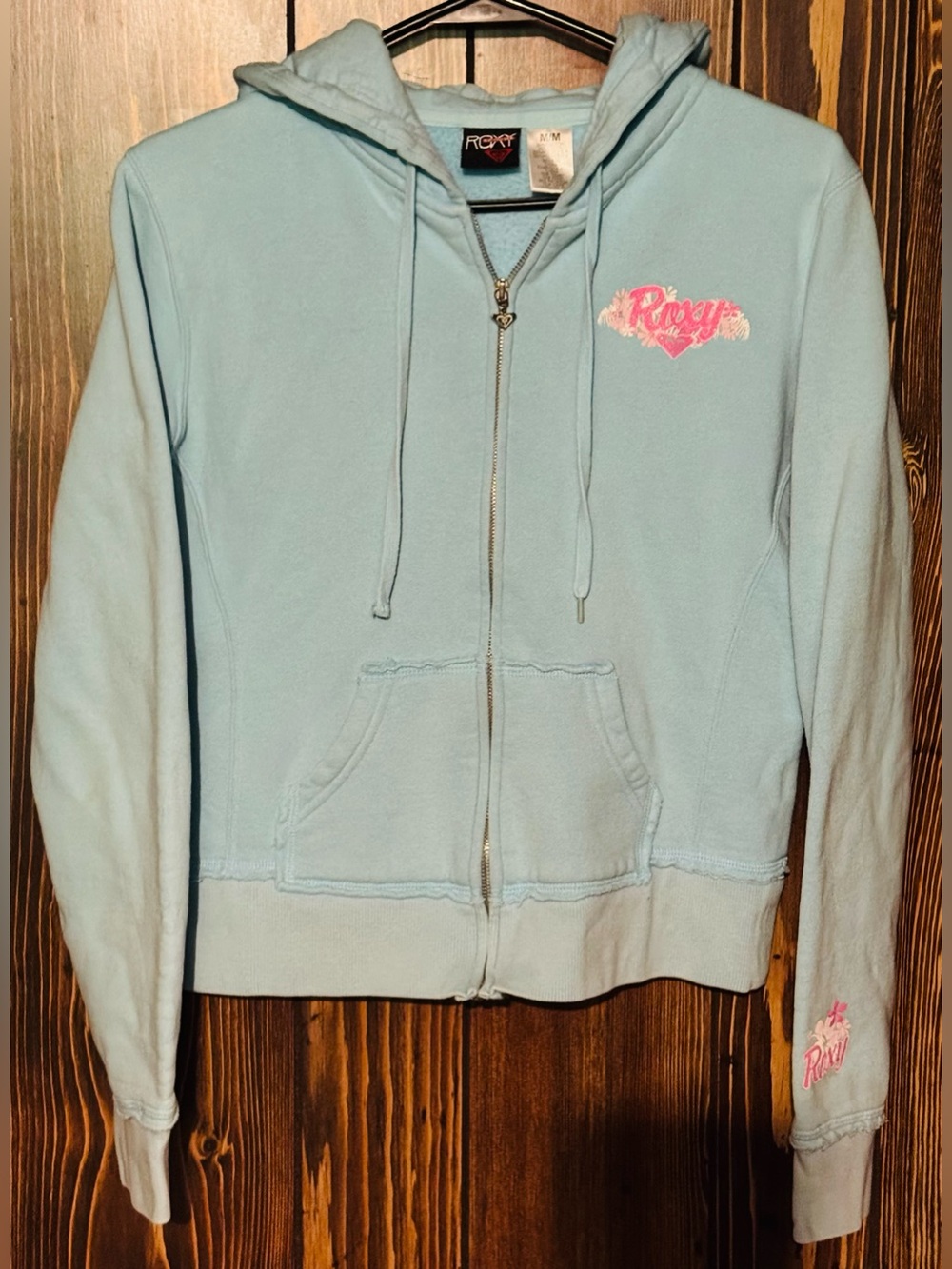 Roxy Light Blue Zip-Up Hoodie with Pink Spellout Logo Slimfit Y2K Vtg Medium